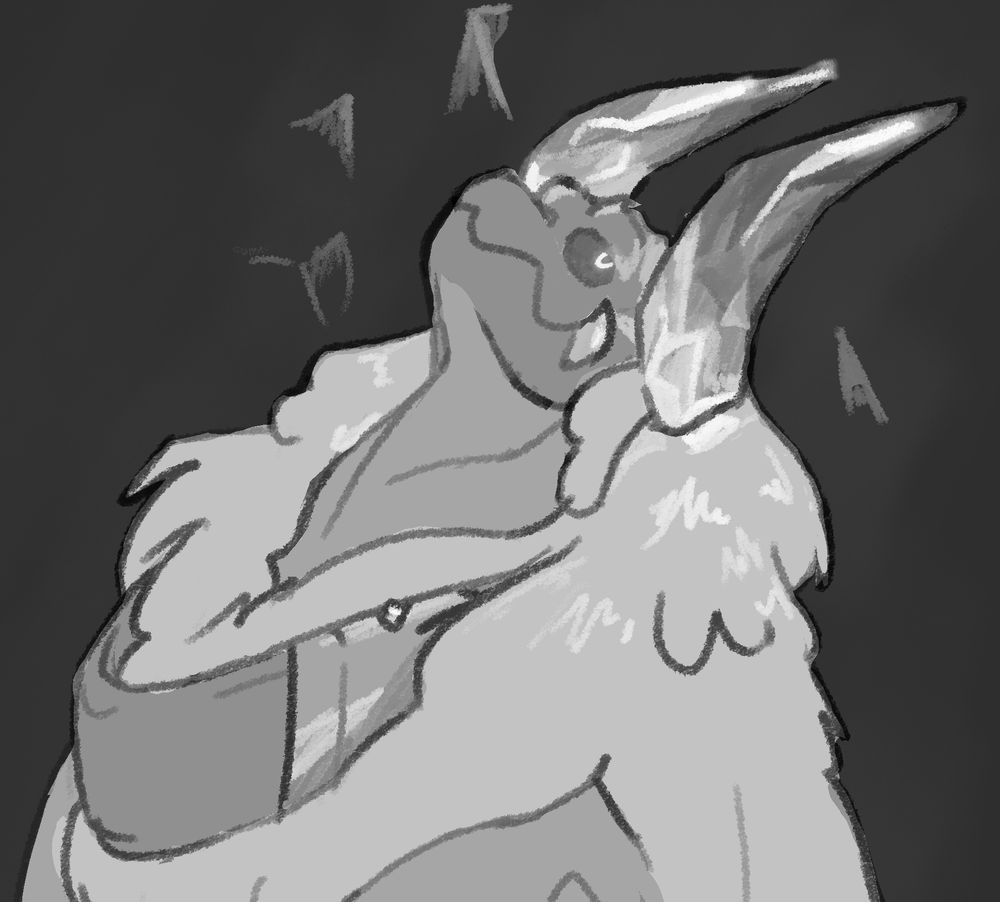 Grayscale shaded sketch portrait of kaiju lizard (Barrel) leaning back. Horns are shiny gems, refracting light on his head and mane
