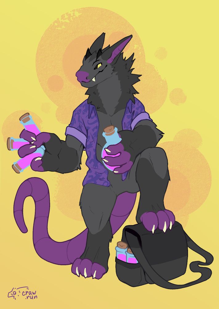 Colored flat drawing. An impossum (Imp Opossum) [specifying for search's sake] wearing an open purple shirt with a lizard pattern. Holding three vials and a flask, all containing a neon pink substance, stepping on a black bag with more vials