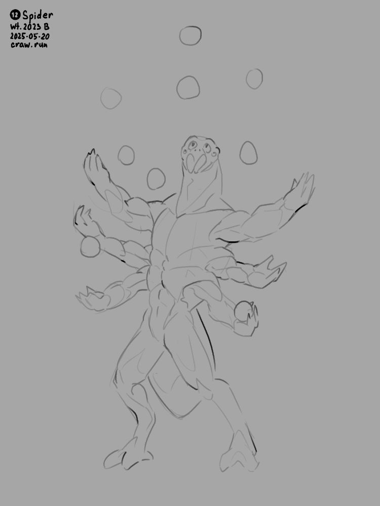 Simple sketch of six-armed Spider, juggling 9 balls.

Labeled: 12 - Spider / Wt. 2023 B / 2025-05-20 / craw.run
