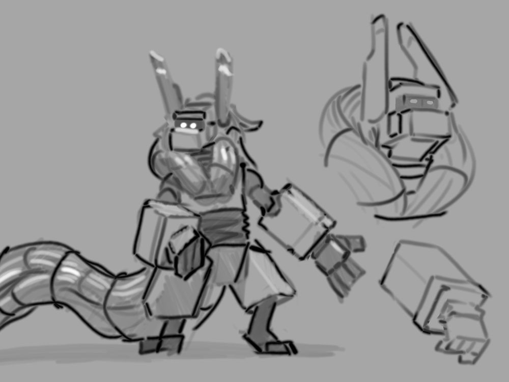 Shaded sketch. A robot with cables running across its body and tail. Whole body, arm and head views.