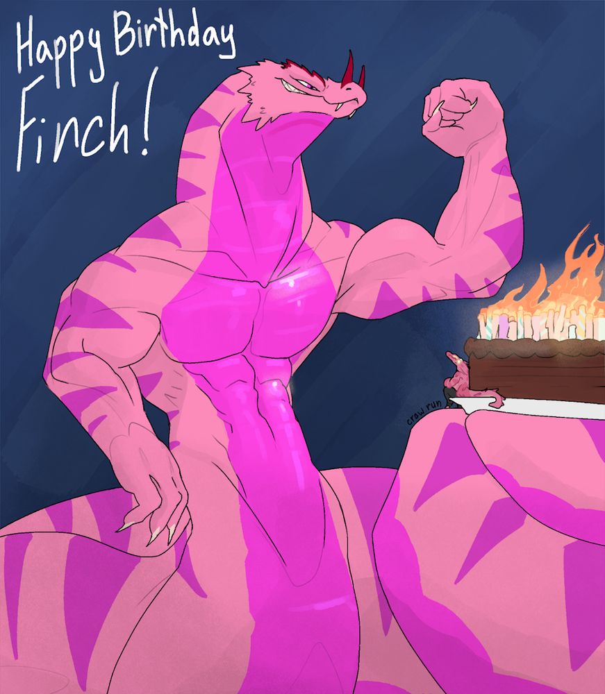 Rendered drawing of a naga snake, SixInchFinch. Smiling and flexing an arm, holding a birthday cake with his tail. With the cake sits a tiny pink lizard (Ribbon). On the top left reads "Happy Birthday Finch!"