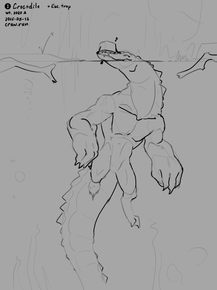 Simple sketch of an anthro Crocodile, swimming in a swamp. Sitting on his snout is a sentient keycap (Escapey)

Labeled: 1 - Crocodile (+Esc. trap) / Wt. 2020 A / 2025-05-13 / craw.run