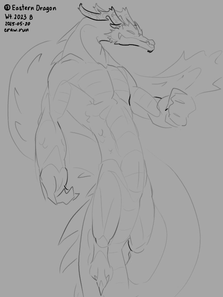 Simple sketch of an Eastern Dragon with a very long tail, flying. 

Labeled: 13 - Eastern Dragon / Wt. 2023 B / 2025-05-20 / craw.run