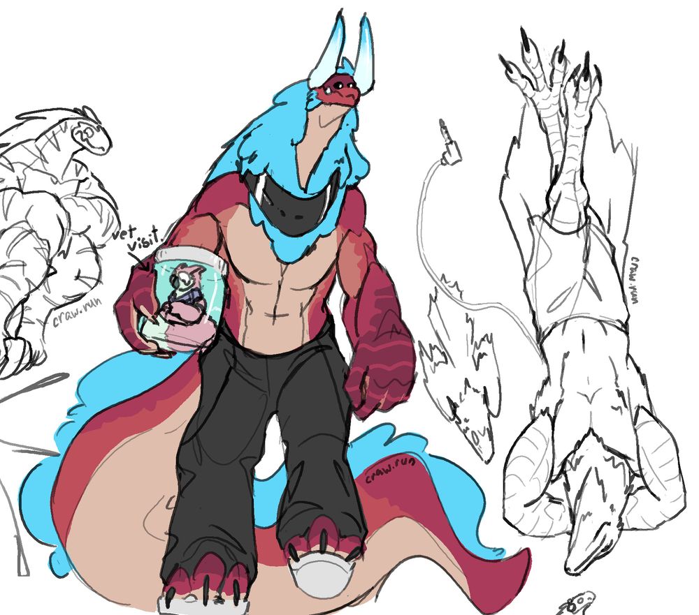 Colored doodle, anthro scalie (Barrel) carrying a jar with a pink owlcat (Jamejarrs); label with an arrow pointing at the jar says "vet visit"

Second doodle is a laying down anthro crow (woo) with his hands under his head, next to him is a feral crow 