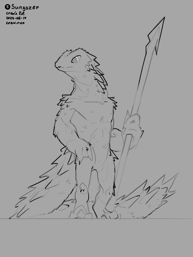 Simple sketch of a Sungazer Lizard, standing and holding a spear.

Labeled: 5 - Sungazer / craw's Ext. / 2025-05-14 / craw.run