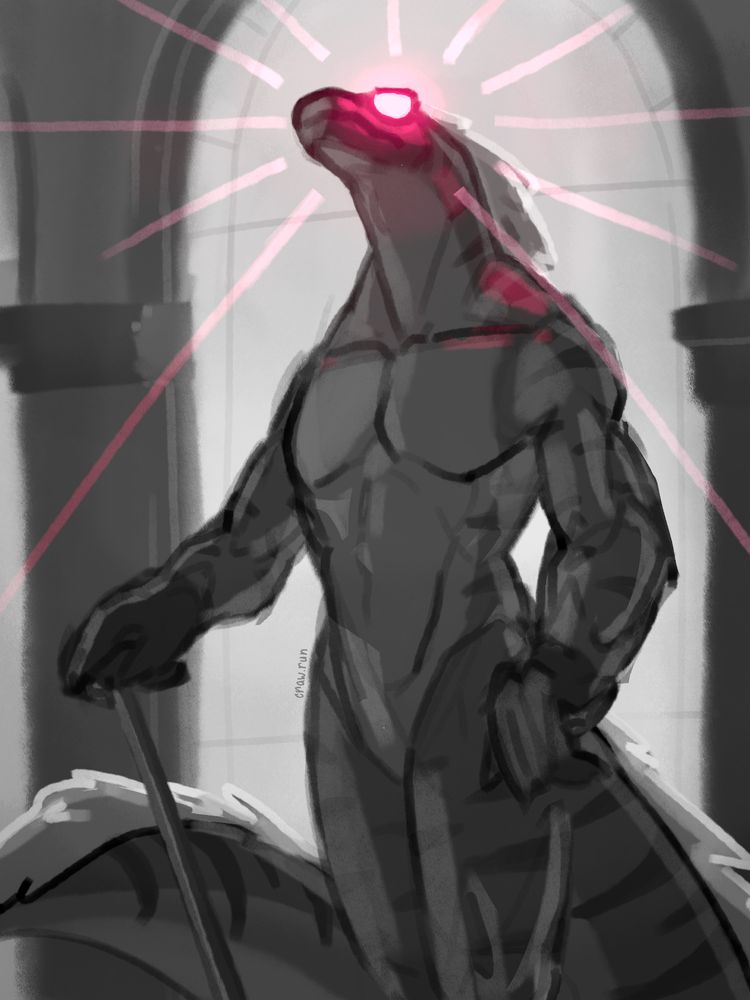 Moslty grayscale shaded sketch. An anthro raptor (Selik), wearing bright glowing red shades, holding a cane. Behind, is a tall arched window with white light shining through them.