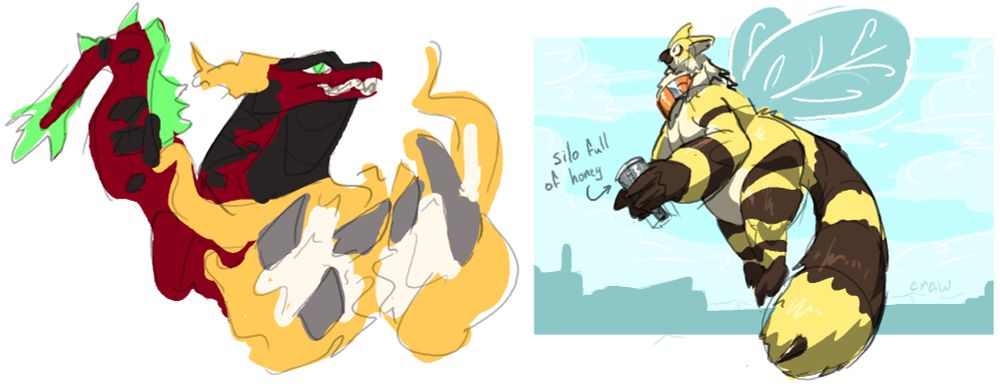 Two colored sketches, one of them also shaded

A very rushed colored bust sketch of Dinomon

A shaded and colored sketch of a giant/macro pink owlcat (Jamejarrs) fused with a bee, with wings and a stinger. Flying over a city under a cloudy sky, carrying a silo. The silo is labeled "Silo full of honey"