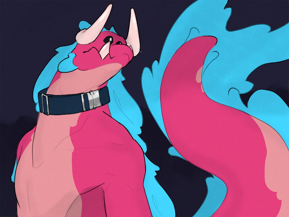 Colored drawing. Anthro fish creature with horns and tusks (Barrel), peach and pink colored, with long cyan hair, wearing a dark blue collar. Looking behind him at his waving tail