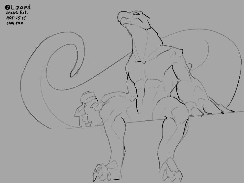 SImple sketch of a lizard, sitting, holding a water bottle.

Labeled: 7 - Lizard / craw's Ext. / 2025-05-15 / craw.run