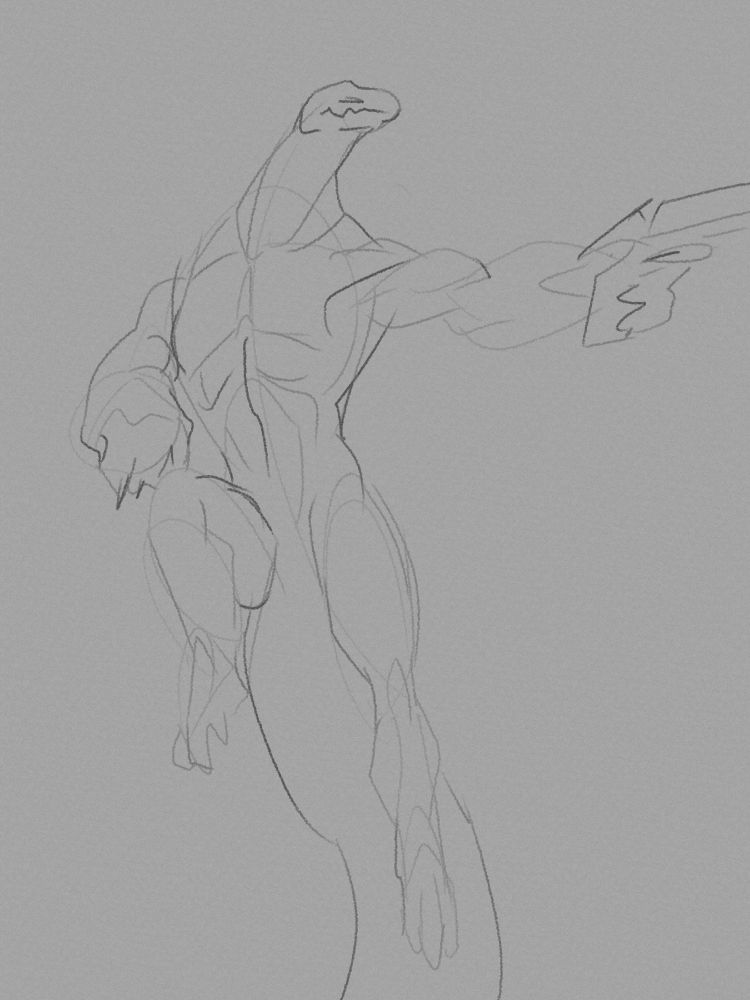 Rough sketch, anthro lizard (lemurian) jumping and pointing a gun right