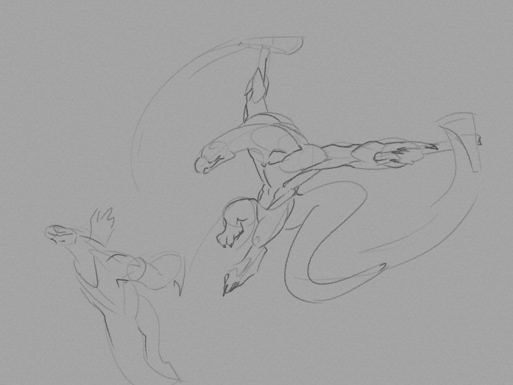 Rough sketch, two anthro lizards (lemurians). An action shot of one lizard who has just swung two axes at another, jumping back. The other lizard is flung back from the attack