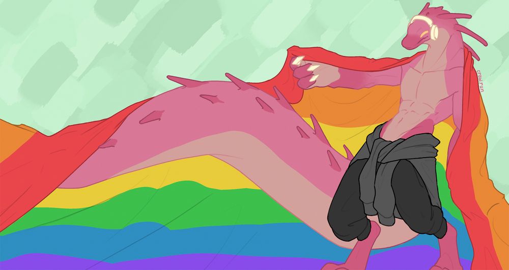 Flat colored drawing of a pink lemurian (Ribbon) wearing black pants and a waist-tied jacket, holding a rainbow LGBT pride flag, draped around his long tail