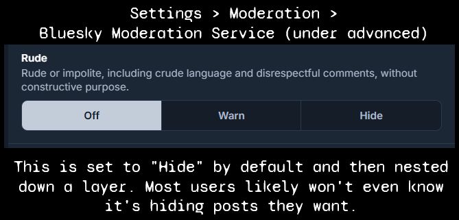 "Settings > Moderation > Bluesky Moderation Service (under advanced)"

An image of the new "Rude" moderation setting. Description: "Rude or impolite, including crude language and disrespectful comments, without constructive purpose."

"This is set to 'Hide' by default and then nested down a layer. Most users likely won't even know it's hiding posts they want.