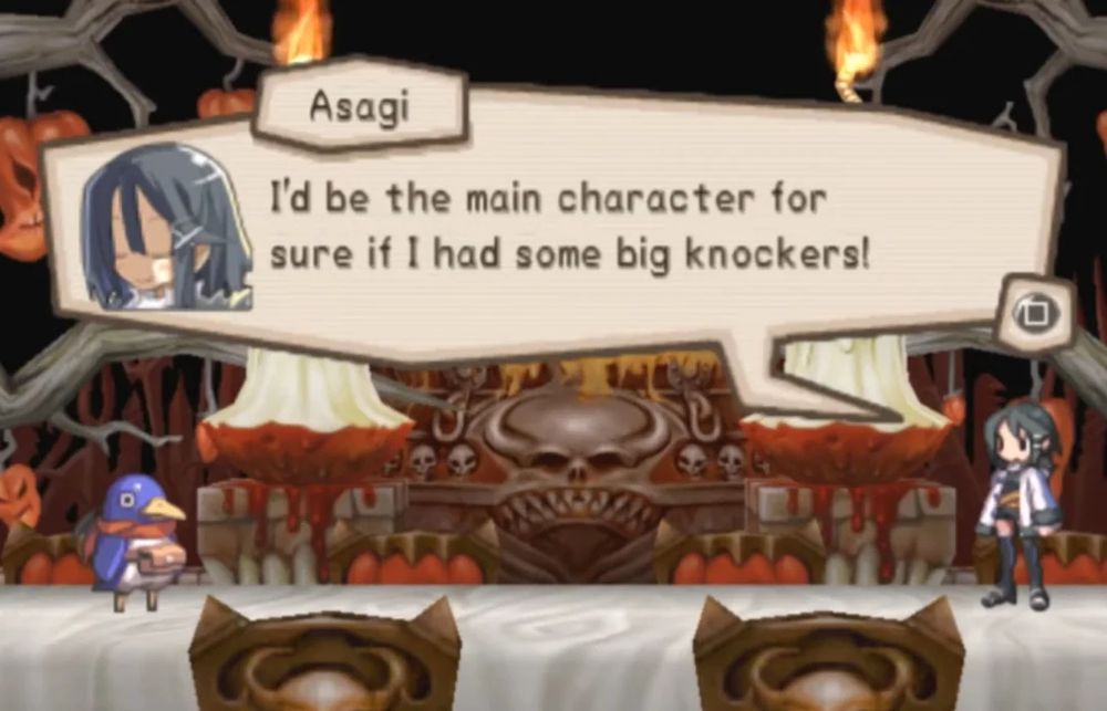 A screen from Digaea RPG (I think). Asagi talks to a Prinny, D00D!

Asagi: "I'd be the main character for sure if i had some big knockers!"