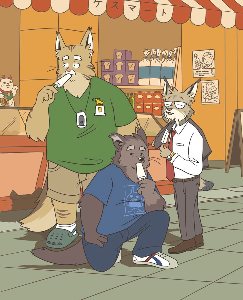 hajime, toru, and roberto standing in various poses in front of a shop while eating their own popsicles