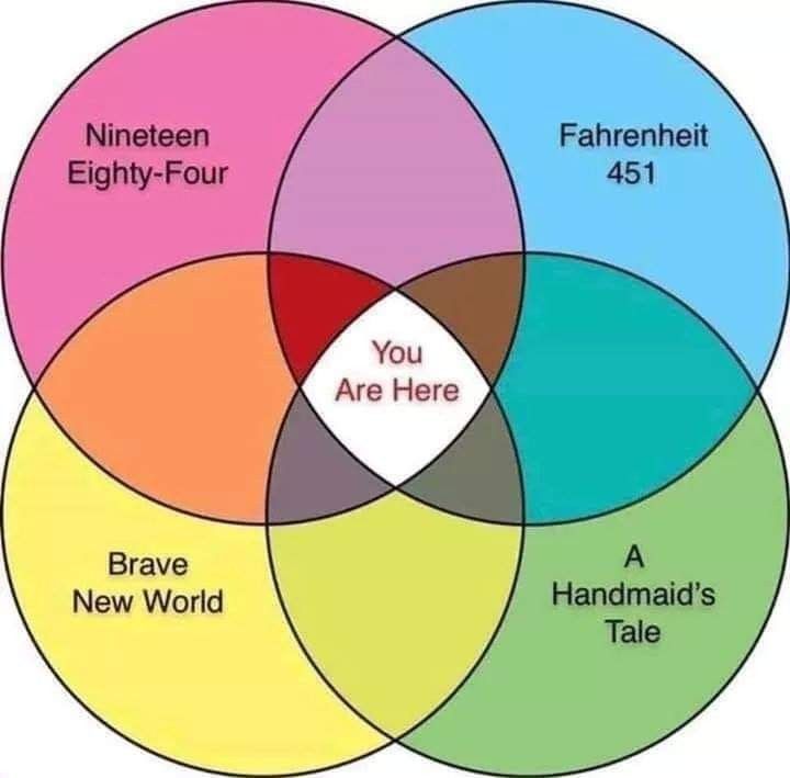 vign diagram: brave new world, a handmaids tale, fahernheit 451 and 1984