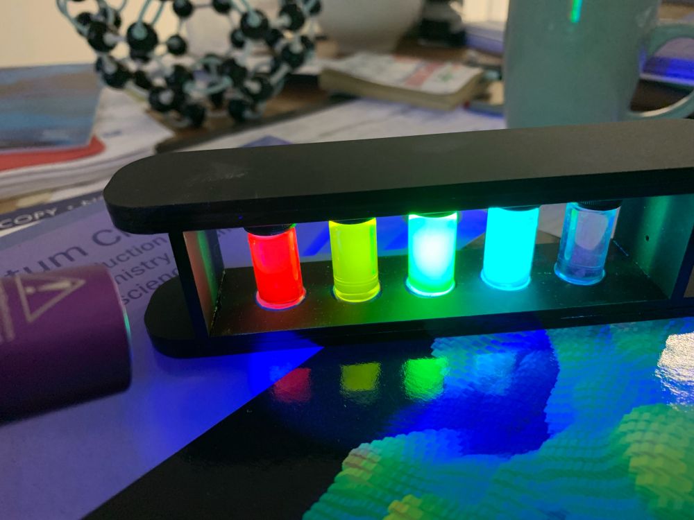 Quantum dots illuminated by a UV source emit different colours depending on their size.