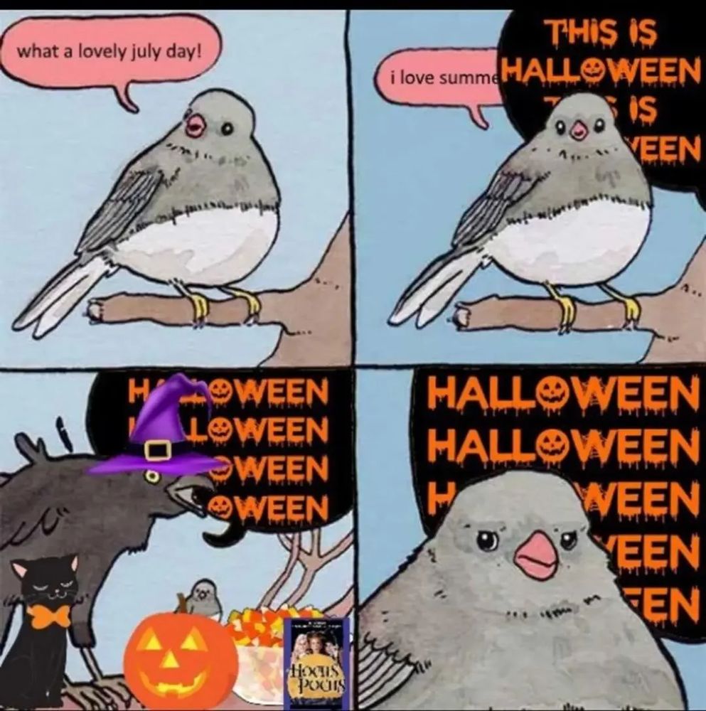 Four-image meme. First image is a bird saying "what a lovely July day."

The second panel shows the bird saying "I love summer" but it is cut off by an off-panel speech bubble in black and orange saying "This is Halloween, this is Halloween."

The third panel pans back to show a crow on a nearby branch, wearing a witch's hat, alongside a black cat, a jack o'lantern, a bowl of candy corn, and a Blu-Ray copy of Hocus Pocus. The crow is saying "Halloween, Halloween, Halloween, Halloween."

The fourth panel cuts back to the bird looking very annoyed as the crow continues to say "Halloween" off panel. 