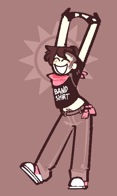 Art of the artist's OC, who is leaning back on one foot and stretching with both arms raised. 