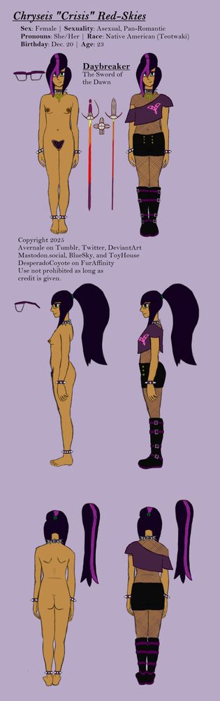 A reference sheet of a tawny-skinned woman with black hair shown in a pair of outfits in front, side, and back views.  On the left, she is wearing only glasses and a spiked collar and bands on her wrists and ankles. On the right, she wears the same accessories with a purple, off-shoulder half-shirt, black shorts, and boots with purple straps over a sleeveless fishnet bodysuit.  Between them is a reference for a sword with a blade colored like the dawn.