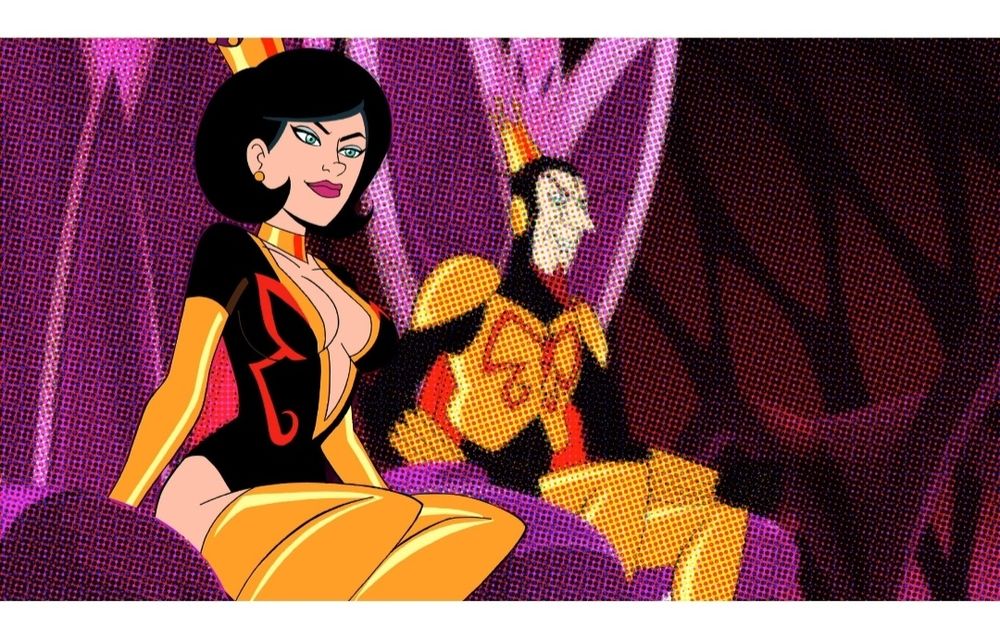 The fabulous Dr Mrs the Monarch, in thigh-high golden boots, long golden gloves, and a low-cut black bodysuit, a golden crown on her black bobbed hair, sitting on a purple throne. Beside her, a little out of focus, is her schmuck of a husband, the Monarch, in similar gold and black attire, though he wears a golden chest-piece instead of the low cut.