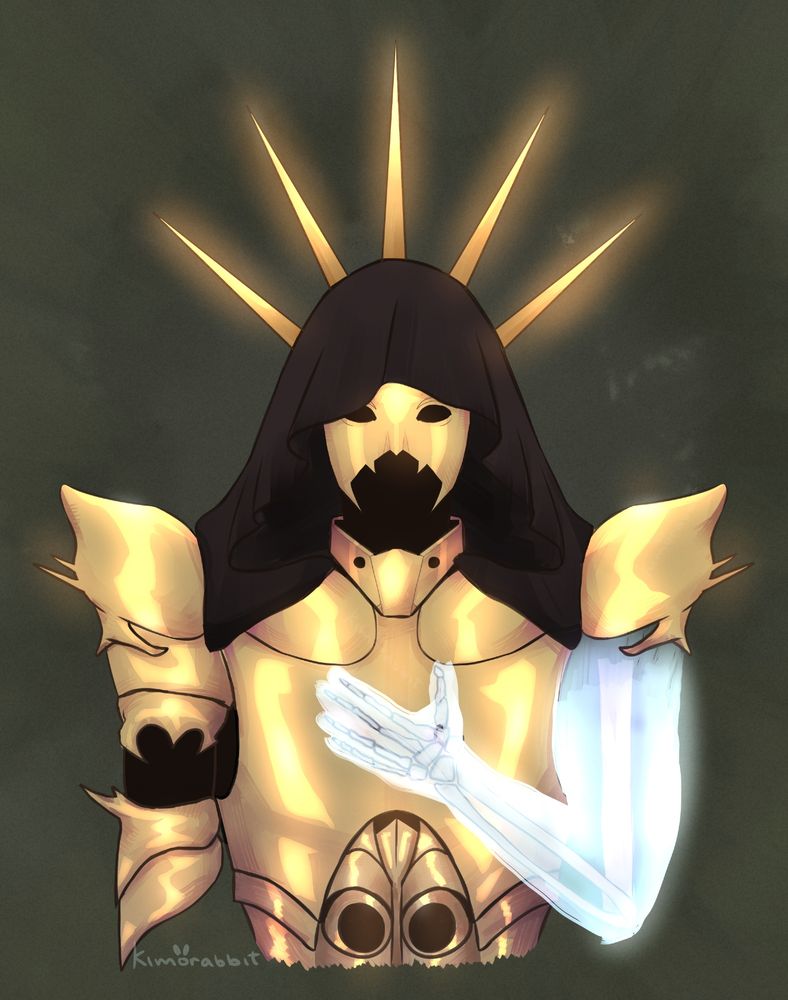 digital drawing of a sun wraith wearing golden armor and a black cloth cloak. the arm over his chest is skeletal and glows white. he has a glowing spiked halo on his head.