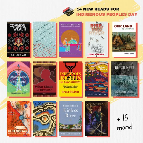 A graphic labelled "14 New Reads for Indigenous Peoples Day" with 14 book covers. 
