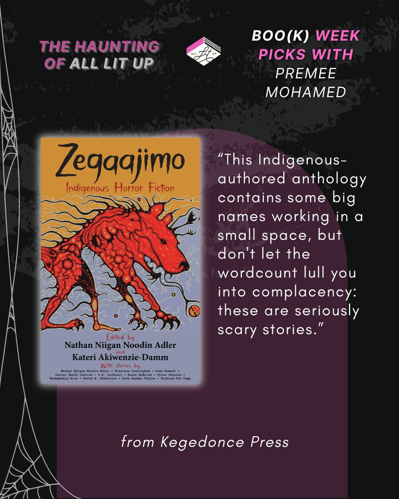 A "Boo(k) Week Pics" graphic. The background is black and purple with a spider web along the left side. The cover of "Zegaajimo" is in the foreground in the middle of the graphic left-aligned. On the right is a quote from Premee about the book.