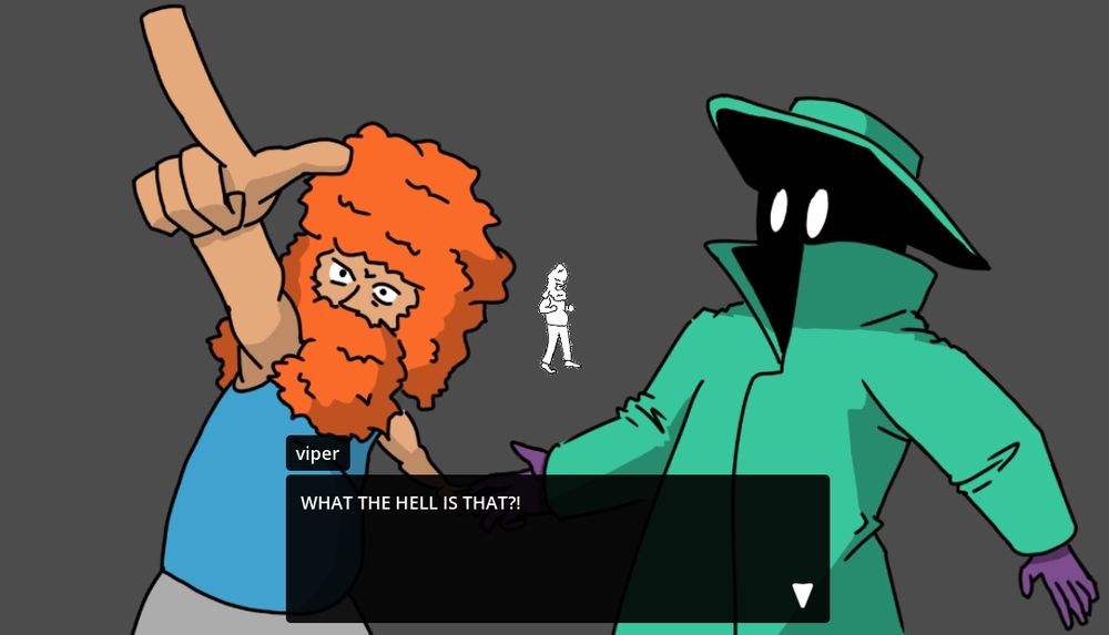 A VN mockup. Left character is wild-eyed looking and pointing off-screen. This character says "what the hell is that?!" Right character looks to the left in surprise.