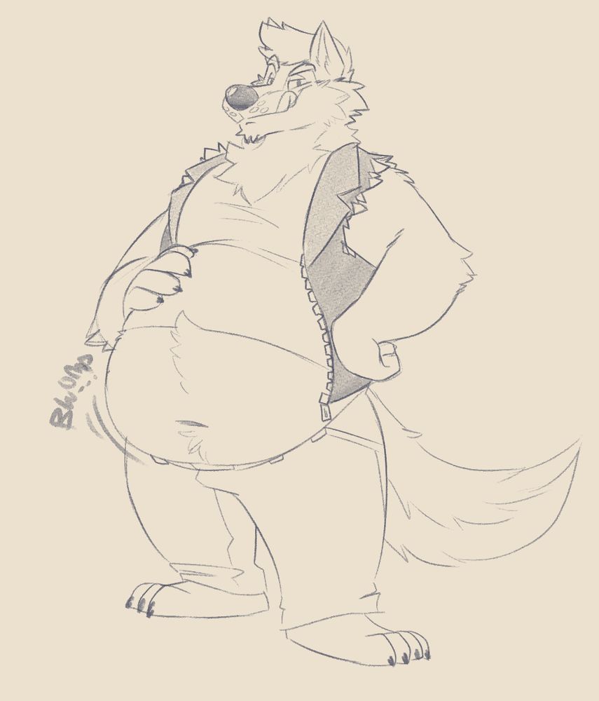 Wolf Ronan standing and rubbing his big belly. 