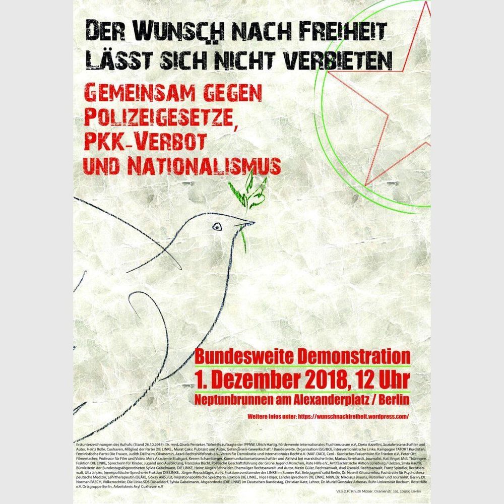 Der Wunsch nach Freiheit lässt sich nicht verbieten – Gemeinsam gegen Polizeigesetze, PKK-Verbot und Nationalismus

2018

#politicalposter #berlinposter #b0112 #pkk #berlindemo #polizeigesetze