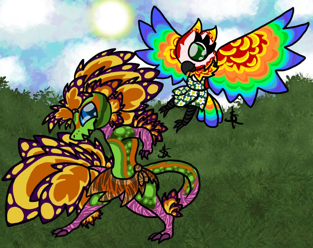 A very colorful lizard and an even more colorful bird enjoying a sunny day.