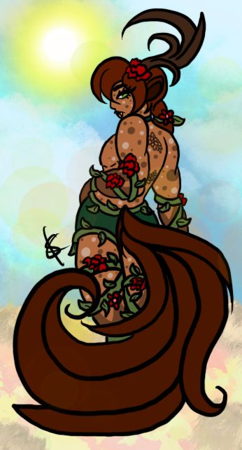 A druid enjoying a sunny day at the beach wearing vines and roses.