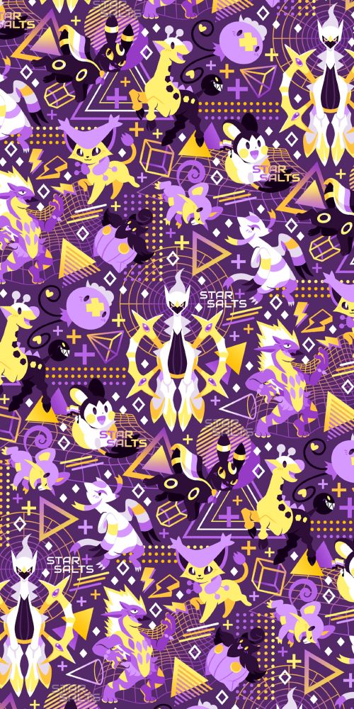 An array of colorful Pokemon all centered around Nonbinary (Enby) pride. Smaller details such as hearts, flowers, and pride flags dapple the spaces in-between the Pokemon.