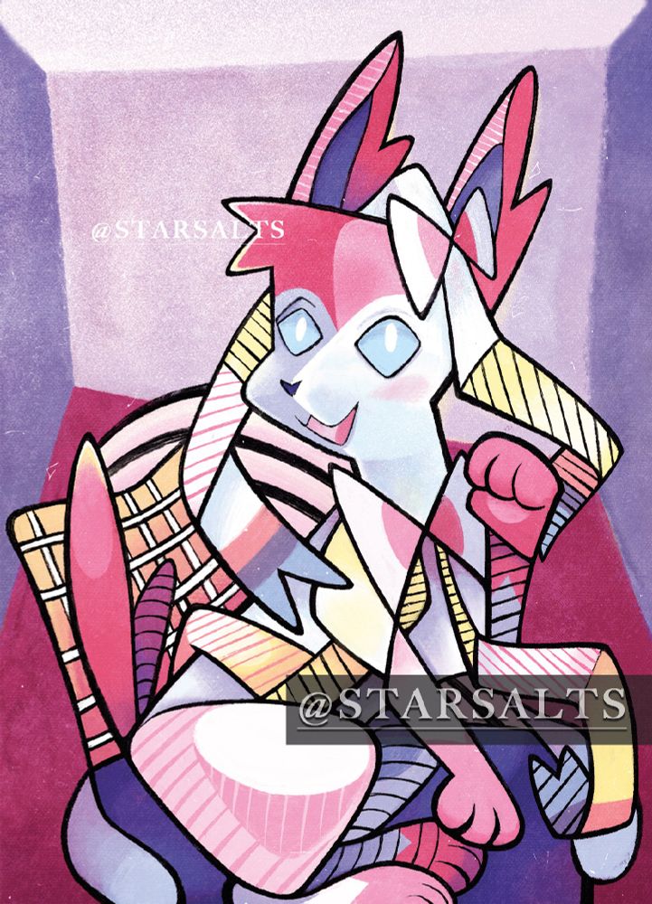 A illustration of the Pokemon, Sylveon as a parody and homage to Pablo Picasso's "Seated Woman"