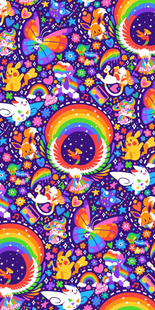 An array of colorful Pokemon all centered around LGBT+ pride. Smaller details such as hearts, flowers, and pride flags dapple the spaces in-between the Pokemon.