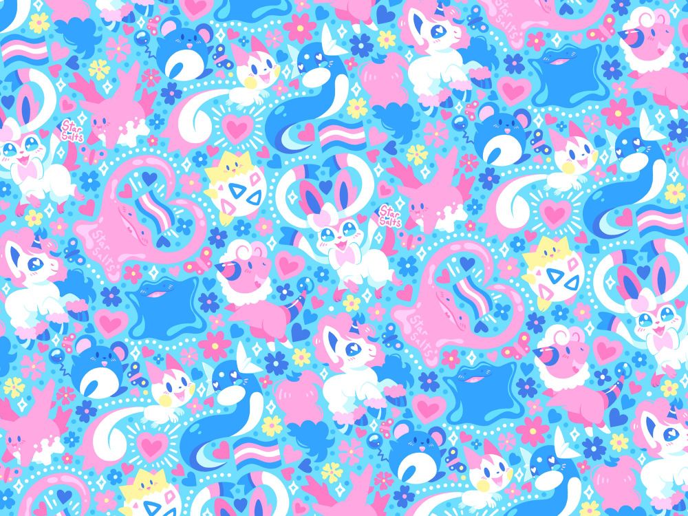 An array of colorful Pokemon all centered around Trans pride. Smaller details such as hearts, flowers, and pride flags dapple the spaces in-between the Pokemon.
(Pokemon depicted: Sylveon, Ditto, Flaafy, Togepi, Marill, Dratini, Pachirisu, Corsola, and Galarian Ponyta)