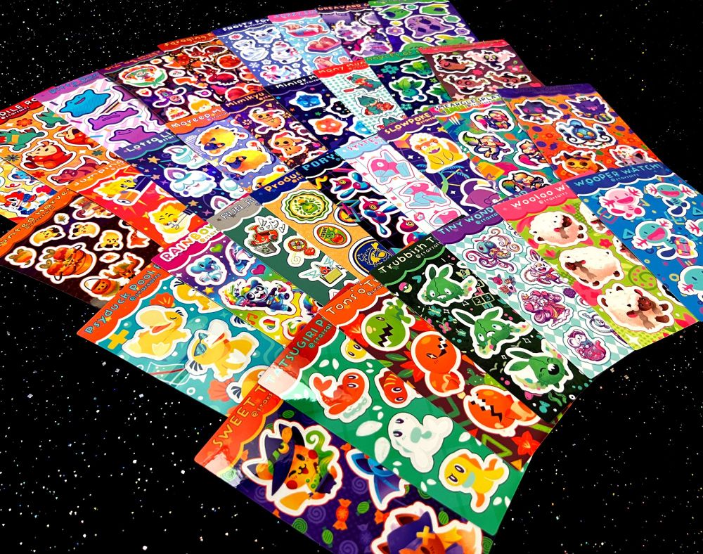A colorful display depicting thirty-four (34) individual sticker sheet designs of various Pokemon-related themes.