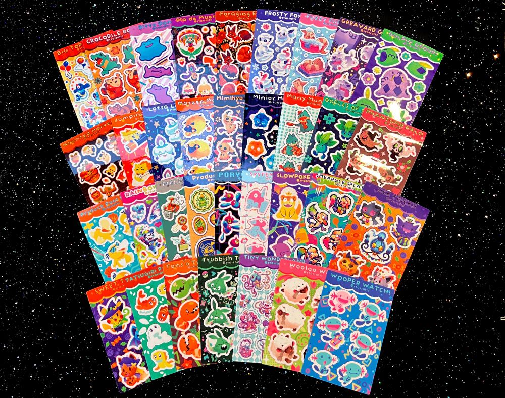 A colorful display depicting thirty-four (34) individual sticker sheet designs of various Pokemon-related themes.