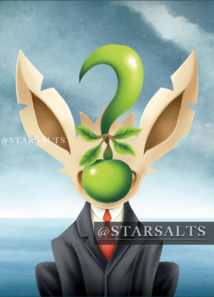 A illustration of the Pokemon, Leafeon as a parody and homage to René Magritte's "The Son of Man"