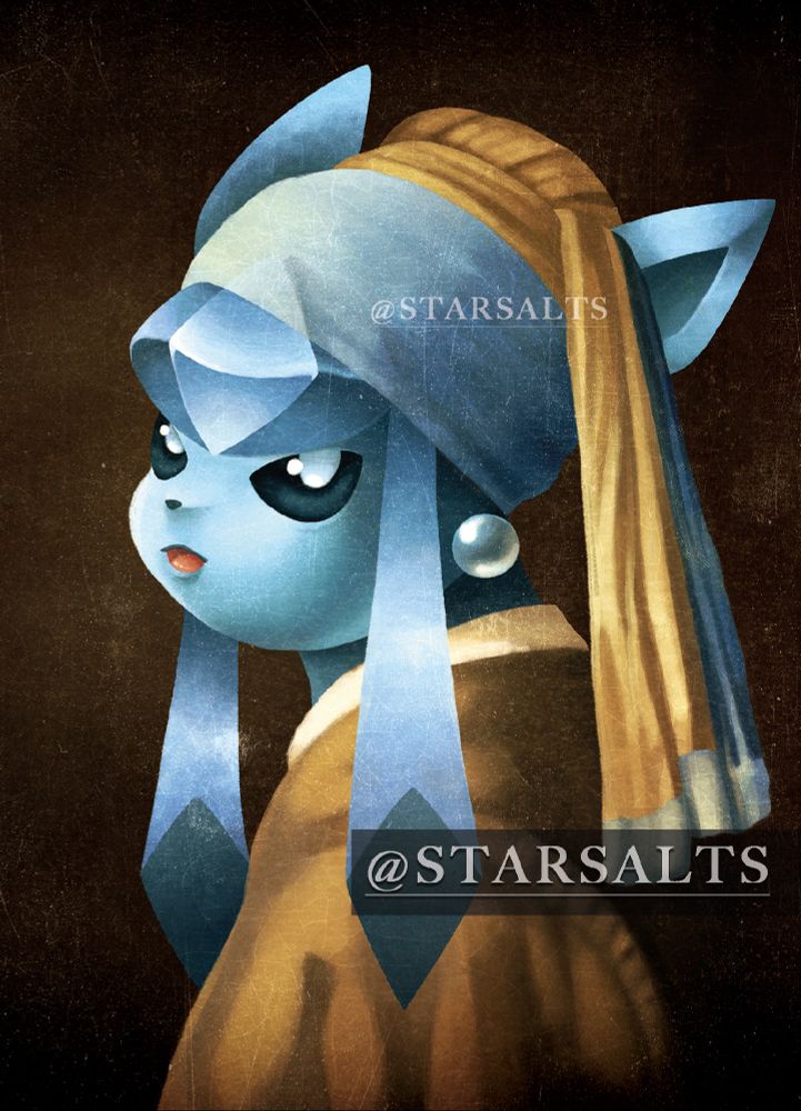 A illustration of the Pokemon, Glaceon as a parody and homage to Johannes Vermeer's "Girl with a Pearl Earring"