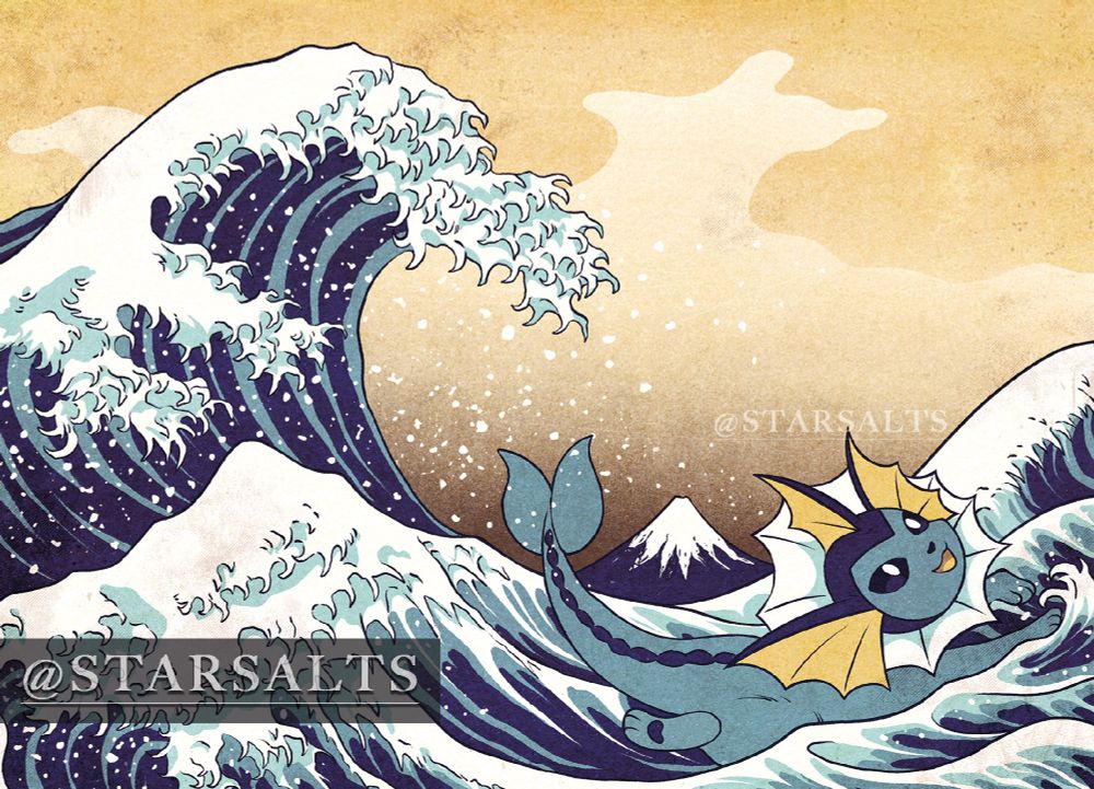 A illustration of the Pokemon, Vaporeon as a parody and homage to 	Katsushika Hokusai's "The Great Wave off Kanagawa"