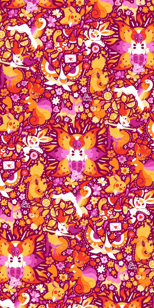 An array of colorful Pokemon all centered around Lesbian pride. Smaller details such as hearts, flowers, and pride flags dapple the spaces in-between the Pokemon.
