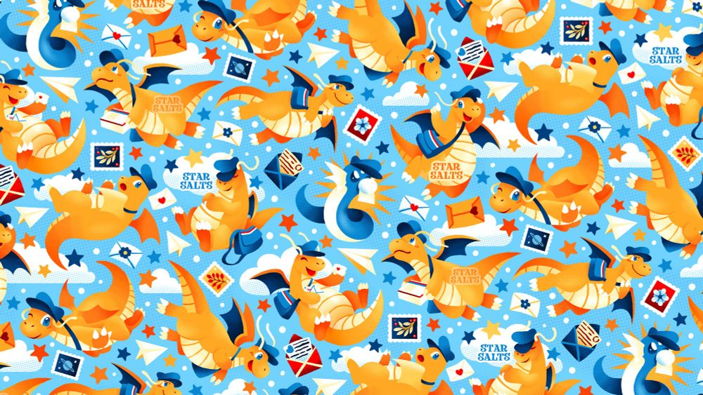 An array of Dragonite (and one Dratini!) floating through the clouds. Smaller details such as letters, paper airplanes, stamps, and stars dapple the spaces in-between the Pokemon.