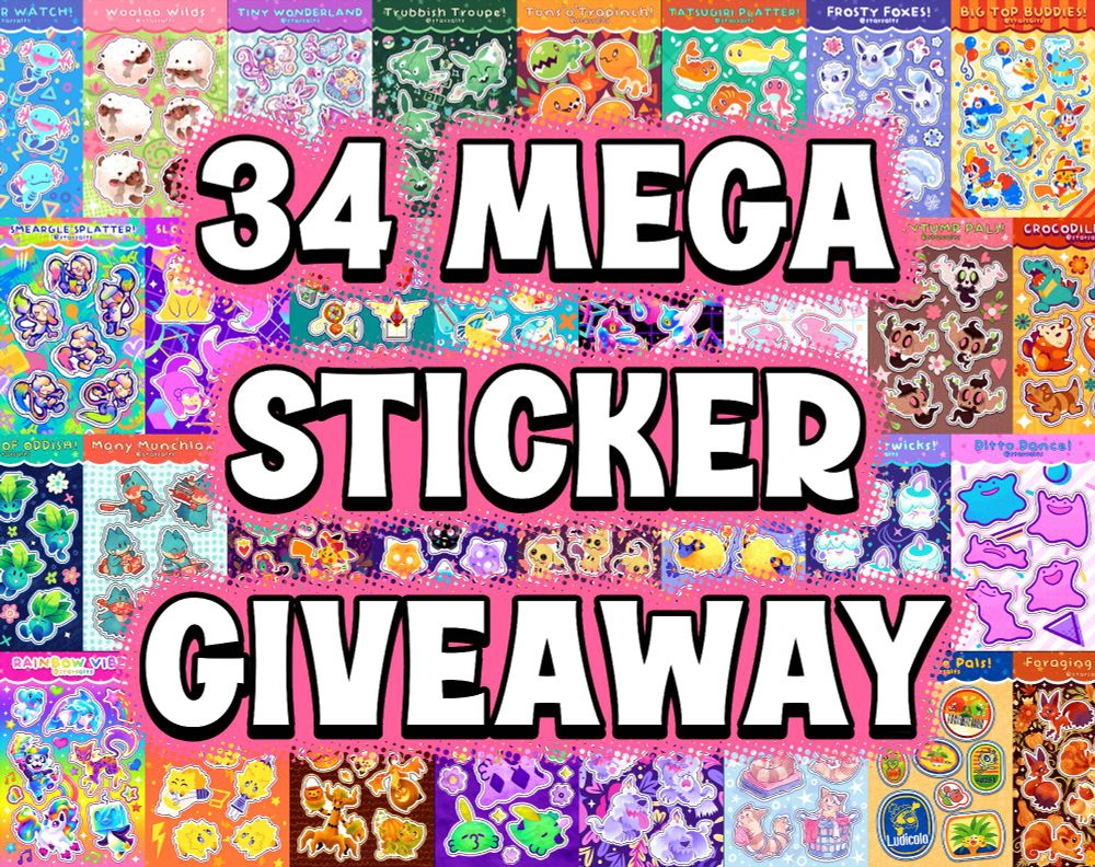 A colorful display depicting thirty-four (34) individual sticker sheet designs of various Pokemon-related themes.