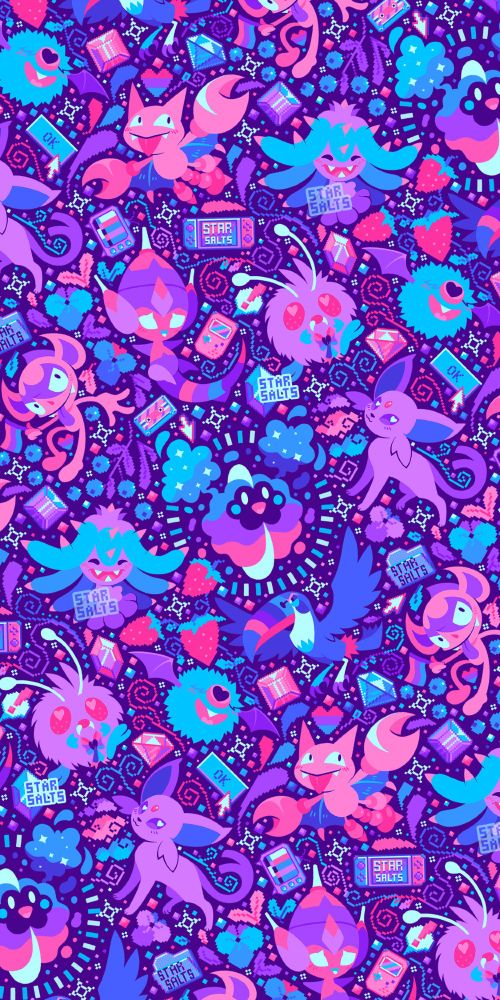 An array of colorful Pokemon all centered around Bisexual pride. Smaller details such as hearts, flowers, and pride flags dapple the spaces in-between the Pokemon.