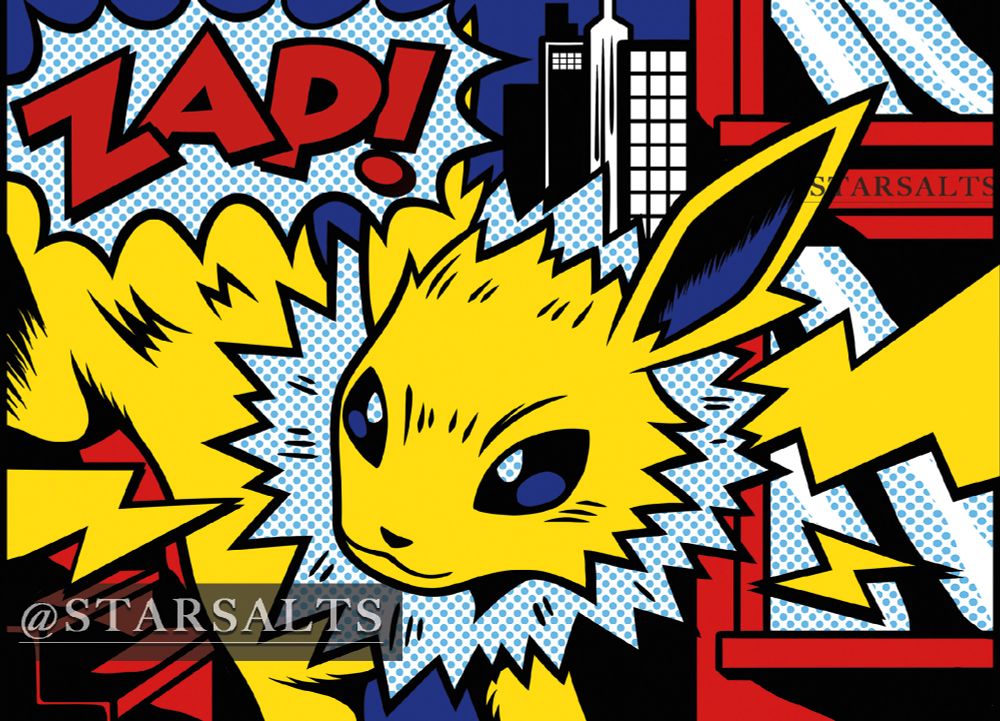 A illustration of the Pokemon, Jolteon as a parody and homage to Roy Lichtenstein's "M-Maybe"