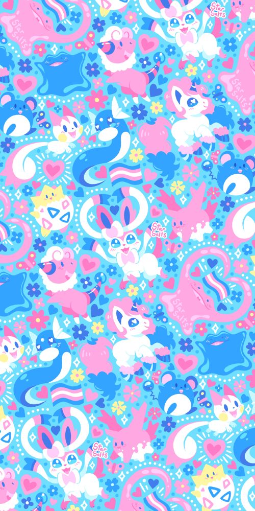 An array of colorful Pokemon all centered around Transgender pride. Smaller details such as hearts, flowers, and pride flags dapple the spaces in-between the Pokemon.