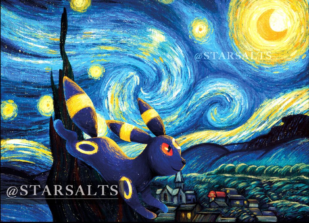 A illustration of the Pokemon, Umbreon as a parody and homage to  Vincent van Gogh's "The Starry Night"