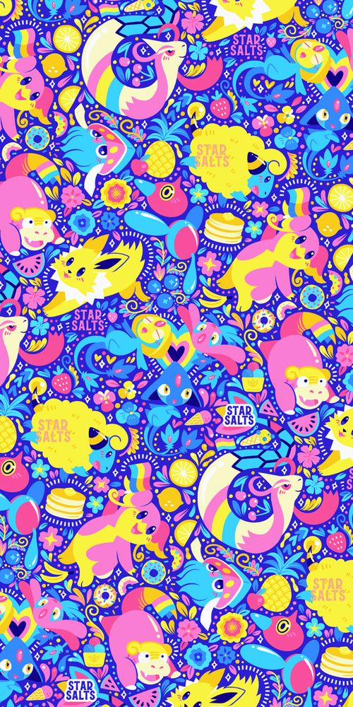 An array of colorful Pokemon all centered around Pansexual pride. Smaller details such as hearts, flowers, and pride flags dapple the spaces in-between the Pokemon.